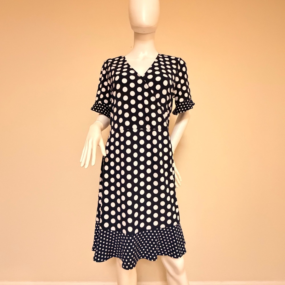 NWT Michael Kors Women's Navy White Polka Dot Faux Wrap Ruffle Dress Size L